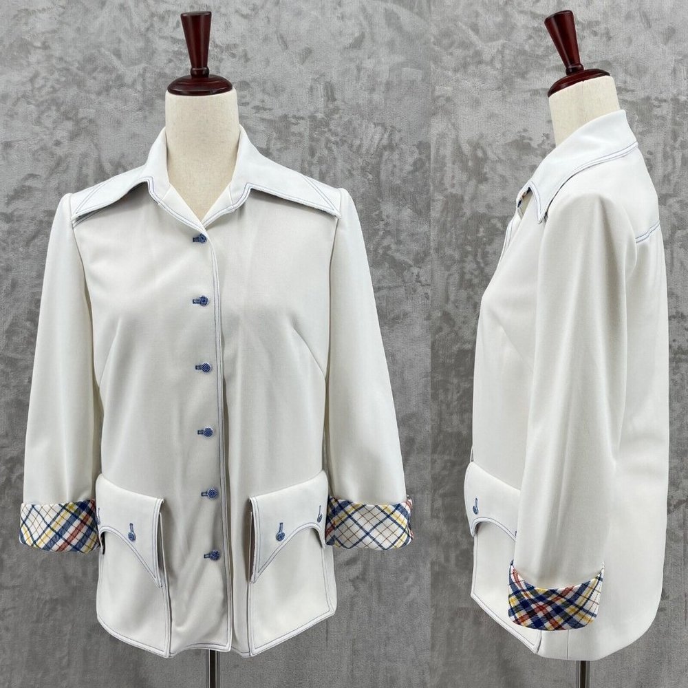 Vintage 70s Polyester 3/4 Sleeve Wide Collar Blazer Jacket Plaid Trim